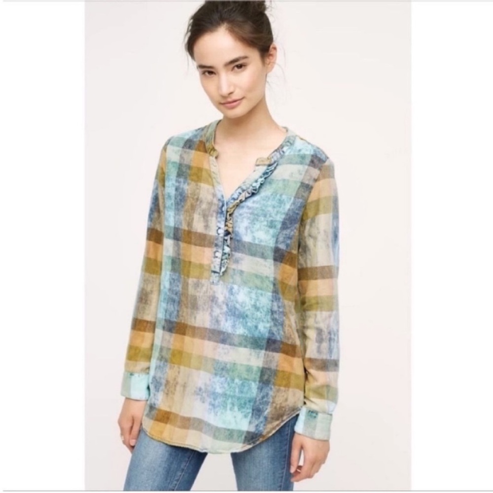 Anthropologie Isabella Sinclair Ruffled Plaid Henley shirt blue orange popover - Picture 1 of 11
